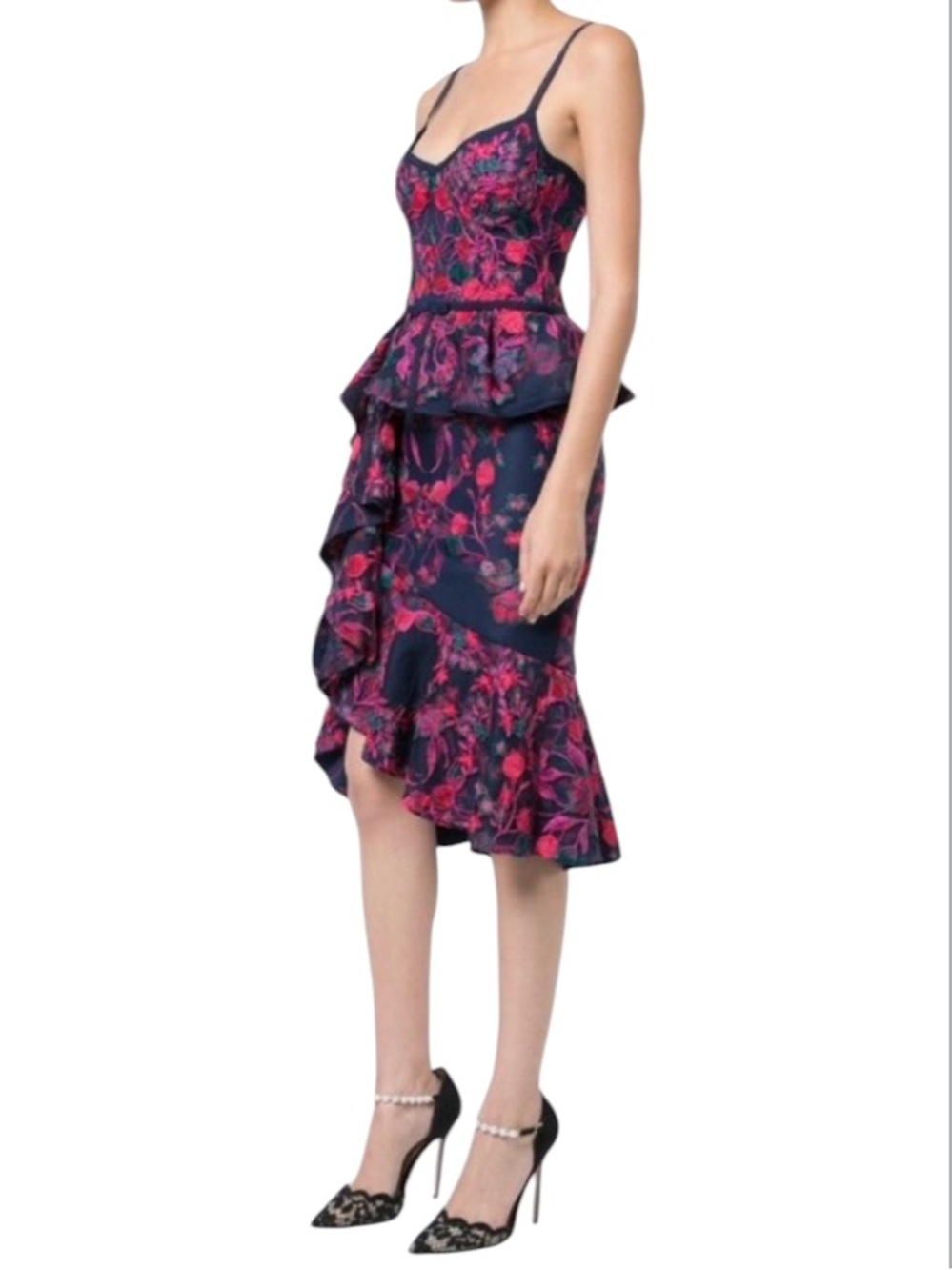 Marchesa Notte Navy Fuchsia Pink Embroidered Floral Corset Cocktail Dress Sz 12